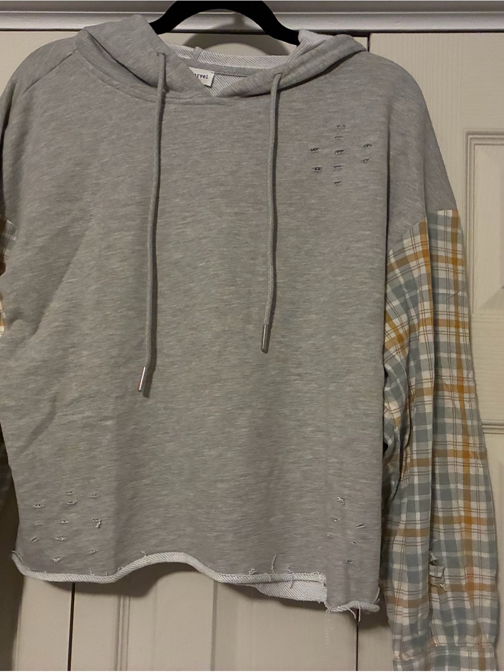 Dance & Marvel Light Gray Cropped Hoodie with Plaid Sleeves, Custom Holes